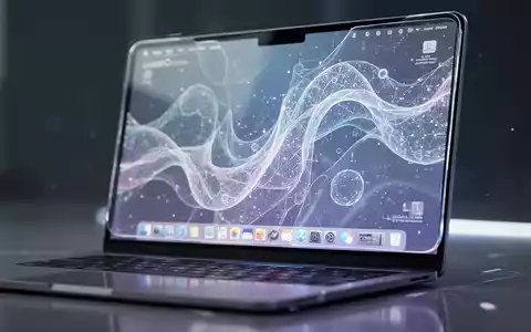 Close-up of a laptop screen displaying a translucent macOS interface with 'Liquid Glass' design elements, abstract glowing digital patterns. - Foto: über boerse-global.de