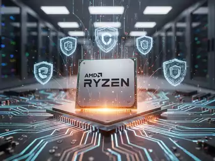 A glowing AMD Ryzen CPU chip on a circuit board, with digital security symbols emanating from it, suggesting data protection. - Foto: über boerse-global.de