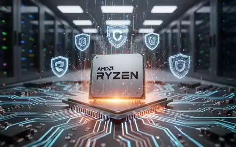 A glowing AMD Ryzen CPU chip on a circuit board, with digital security symbols emanating from it, suggesting data protection. - Foto: über boerse-global.de