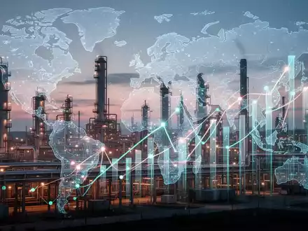 Abstrakte Darstellung einer Chemieanlage mit globalen Lieferketten und Finanzdiagrammen, die Wachstum und geopolitische Einflüsse symbolisieren. - Foto: über boerse-global.de