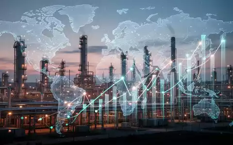 Abstrakte Darstellung einer Chemieanlage mit globalen Lieferketten und Finanzdiagrammen, die Wachstum und geopolitische Einflüsse symbolisieren. - Foto: über boerse-global.de