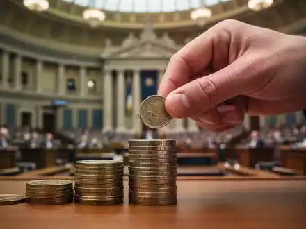 Eine Hand legt eine kleine Münze auf einen Stapel größerer Münzen. Im Hintergrund ist ein leicht verschwommenes Regierungsgebäude zu sehen. - Foto: über boerse-global.de