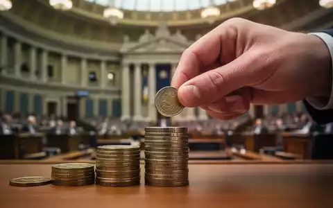 Eine Hand legt eine kleine Münze auf einen Stapel größerer Münzen. Im Hintergrund ist ein leicht verschwommenes Regierungsgebäude zu sehen. - Foto: über boerse-global.de
