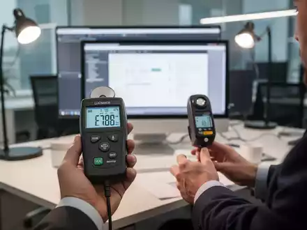 Eine Person misst mit einem Luxmeter die Beleuchtungsstärke auf einem Schreibtisch in einem modernen Büro. - Foto: über boerse-global.de