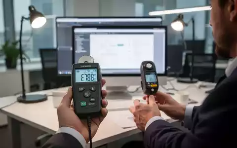 Eine Person misst mit einem Luxmeter die Beleuchtungsstärke auf einem Schreibtisch in einem modernen Büro. - Foto: über boerse-global.de