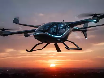 Ein futuristisches EHang eVTOL-Flugzeug schwebt bei Sonnenuntergang, das Design betont Innovation und Technologie. - Foto: über boerse-global.de