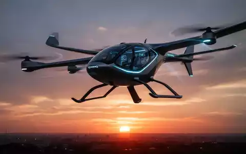 Ein futuristisches EHang eVTOL-Flugzeug schwebt bei Sonnenuntergang, das Design betont Innovation und Technologie. - Foto: über boerse-global.de