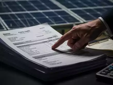 Ein dramatisches Bild, das gefälschte Rechnungen und Dokumente zeigt, auf die eine Hand eines Ermittlers zeigt, mit einem unscharfen Solarpanel im Hintergrund. - Foto: über boerse-global.de