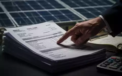 Ein dramatisches Bild, das gefälschte Rechnungen und Dokumente zeigt, auf die eine Hand eines Ermittlers zeigt, mit einem unscharfen Solarpanel im Hintergrund. - Foto: über boerse-global.de