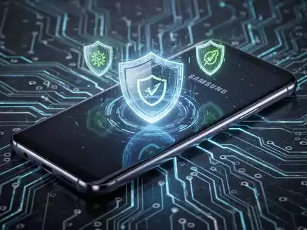 A glowing Samsung Galaxy smartphone with digital security and battery efficiency icons, set against a backdrop of circuit board patterns. - Foto: über boerse-global.de