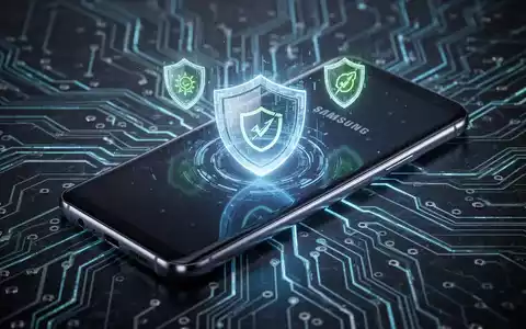 A glowing Samsung Galaxy smartphone with digital security and battery efficiency icons, set against a backdrop of circuit board patterns. - Foto: über boerse-global.de
