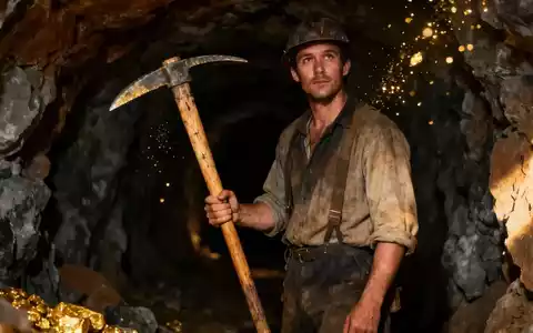 Ein Goldgräber mit Spitzhacke in einem dunklen Minentunnel, goldener Staub in der Luft, der die harte Arbeit und den Reichtum symbolisiert. - Foto: über boerse-global.de