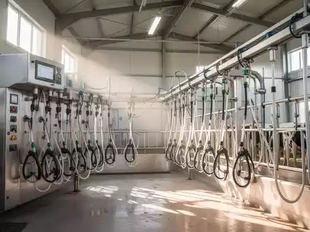 Ein makelloser, moderner Milchviehstall mit sauberer, automatischer Melkausrüstung, beleuchtet von Sonnenlicht, das die Hygiene betont. - Foto: über boerse-global.de