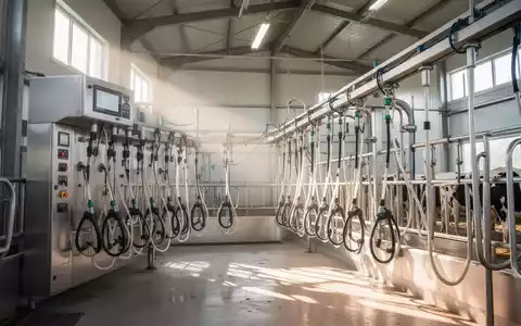 Ein makelloser, moderner Milchviehstall mit sauberer, automatischer Melkausrüstung, beleuchtet von Sonnenlicht, das die Hygiene betont. - Foto: über boerse-global.de