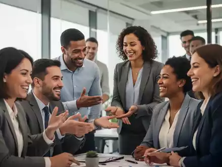 Eine vielfältige Gruppe von lächelnden Fachkräften arbeitet in einem modernen Büro zusammen, während eine Person positives Feedback gibt. - Foto: über boerse-global.de