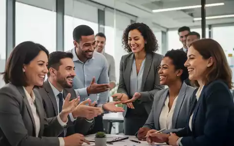 Eine vielfältige Gruppe von lächelnden Fachkräften arbeitet in einem modernen Büro zusammen, während eine Person positives Feedback gibt. - Foto: über boerse-global.de