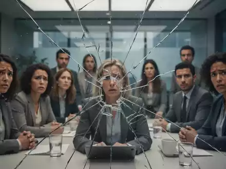 Eine Gruppe von Personen in einem modernen Büro, die ein Gespräch führen, wobei der Fokus auf einer symbolischen, leicht zerbrochenen Glasdecke liegt. - Foto: über boerse-global.de