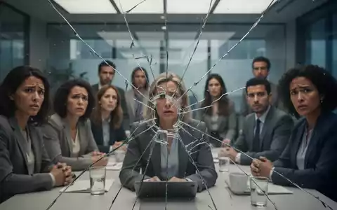 Eine Gruppe von Personen in einem modernen Büro, die ein Gespräch führen, wobei der Fokus auf einer symbolischen, leicht zerbrochenen Glasdecke liegt. - Foto: über boerse-global.de