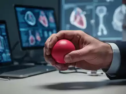 Eine Hand drückt einen Stressball, im Hintergrund verschwommen digitale Geräte und medizinische Symbole. Symbolisiert Stress und Gesundheit. - Foto: über boerse-global.de