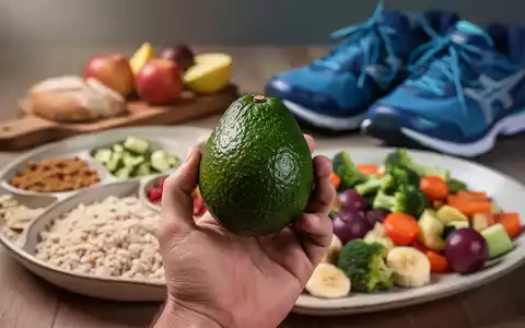 Eine Hand hält eine Avocado, im Hintergrund verschwommen ein gesunder Teller mit Essen und Sportschuhe, als Symbol für einen gesunden Lebensstil. - Foto: über boerse-global.de