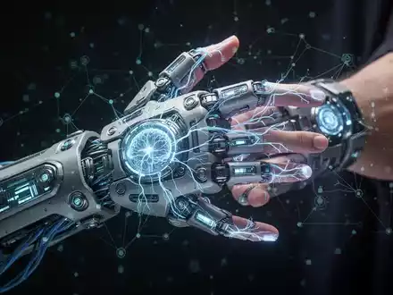 Eine futuristische Handprothese mit leuchtenden bioelektronischen Schnittstellen, die in ein Nervensystem integriert sind. - Foto: über boerse-global.de