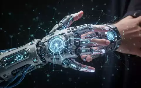 Eine futuristische Handprothese mit leuchtenden bioelektronischen Schnittstellen, die in ein Nervensystem integriert sind. - Foto: über boerse-global.de