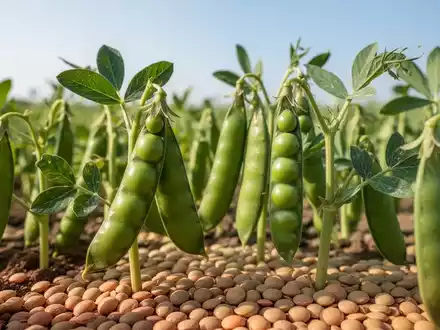Nahaufnahme von grünen Erbsen und Linsen in einem Feld, die nachhaltige Landwirtschaft und pflanzliche Proteine symbolisieren. - Foto: über boerse-global.de
