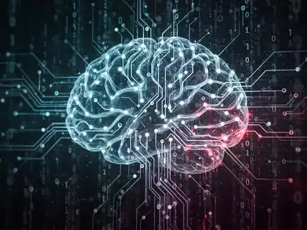 Ein stilisiertes, leuchtendes neuronales Netz oder eine Platine, teilweise verdeckt von einem digitalen Datenstrom, der ein Datenleck andeutet. - Foto: über boerse-global.de