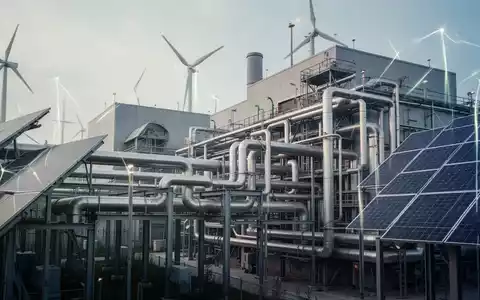 Modernes Kraftwerk mit integrierten Solarpaneelen und komplexem Rohrsystem, das den Umbau des Energiekonzerns symbolisiert. - Foto: über boerse-global.de