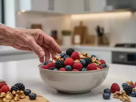 Eine Nahaufnahme der Hand einer älteren Person, die nach einer Schüssel mit frischen Beeren und Nüssen greift. - Foto: über boerse-global.de
