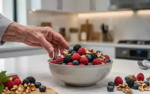 Eine Nahaufnahme der Hand einer älteren Person, die nach einer Schüssel mit frischen Beeren und Nüssen greift. - Foto: über boerse-global.de