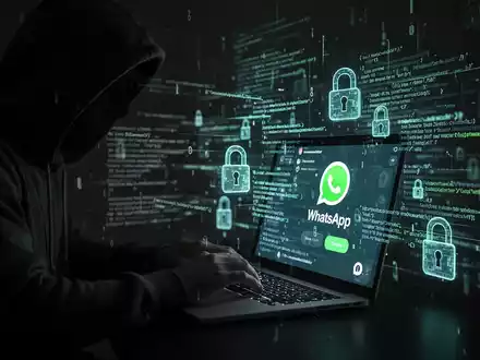 A shadowy figure typing on a laptop, with WhatsApp interface elements and glowing code, symbolizing a cyberattack. - Foto: über boerse-global.de