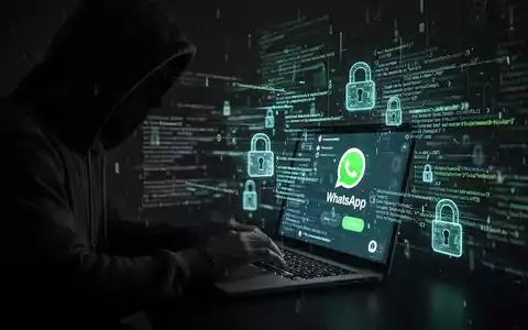 A shadowy figure typing on a laptop, with WhatsApp interface elements and glowing code, symbolizing a cyberattack. - Foto: über boerse-global.de