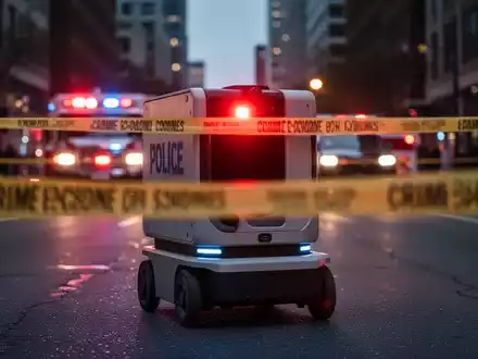 A delivery robot with a flashing red light behind crime scene tape in a city street, with blurred emergency lights in the background. - Foto: über boerse-global.de
