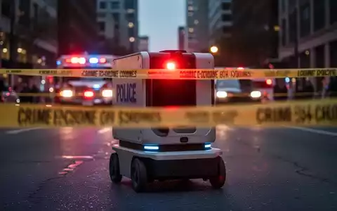 A delivery robot with a flashing red light behind crime scene tape in a city street, with blurred emergency lights in the background. - Foto: über boerse-global.de
