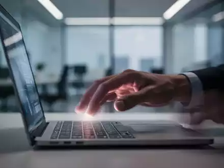 Eine Hand, die über einer Laptoptastatur schwebt, mit verschwommenem, modernem Büro im Hintergrund. Symbolisiert digitale Arbeit und mentale Gesundheit. - Foto: über boerse-global.de