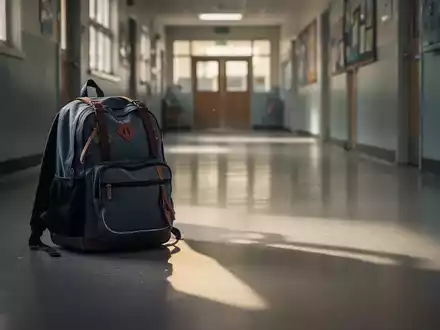 Ein einsamer Schulranzen liegt auf dem Boden eines leeren Schulflurs, der eine lange Schatten wirft. - Foto: über boerse-global.de