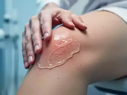 Nahaufnahme einer Hand, die ein medizinisches Gel auf ein Kniegelenk aufträgt, in einer sauberen, modernen Umgebung. - Foto: über boerse-global.de
