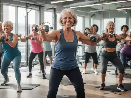 Frauen über 50 trainieren mit Hanteln in einem Fitnessstudio, symbolisieren Gesundheit und Kraft im Alter. - Foto: über boerse-global.de
