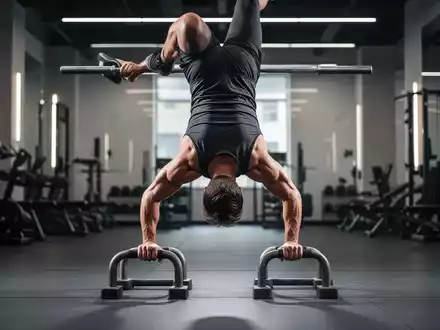 Eine Person führt einen Handstand auf Parallettes in einem modernen Fitnessstudio aus, der die Muskeldefinition betont. - Foto: über boerse-global.de