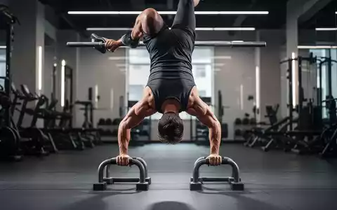 Eine Person führt einen Handstand auf Parallettes in einem modernen Fitnessstudio aus, der die Muskeldefinition betont. - Foto: über boerse-global.de