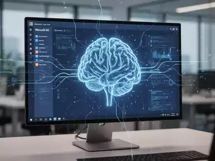 A glowing blue AI symbol over a Microsoft 365 interface on a computer screen in a modern office, representing Copilot expansion. - Foto: über boerse-global.de