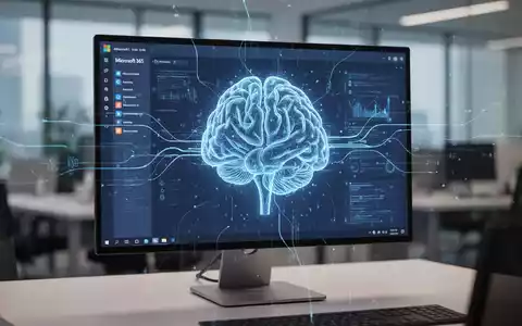 A glowing blue AI symbol over a Microsoft 365 interface on a computer screen in a modern office, representing Copilot expansion. - Foto: über boerse-global.de