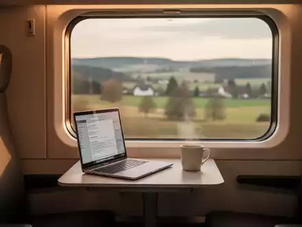 Ein junger Mann arbeitet an einem Laptop in einem minimalistischen Zugabteil, während die Landschaft draußen vorbeizieht. - Foto: über boerse-global.de