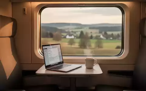 Ein junger Mann arbeitet an einem Laptop in einem minimalistischen Zugabteil, während die Landschaft draußen vorbeizieht. - Foto: über boerse-global.de