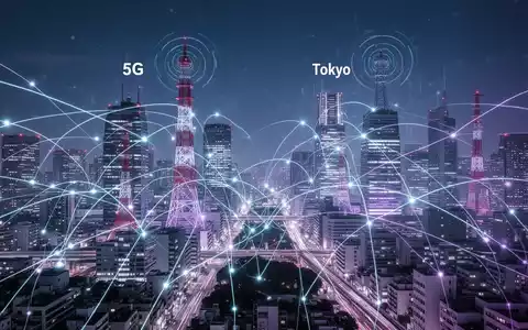 Abstrakte Darstellung einer 5G-Datenübertragung zwischen Osaka und Tokio mit leuchtenden Linien und stilisierten Städten. - Foto: über boerse-global.de