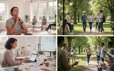 Eine vielfältige Gruppe von Erwachsenen nimmt an verschiedenen kurzen Workshops teil, die Achtsamkeit, digitale Kompetenzen und Bewegung verbinden. - Foto: über boerse-global.de