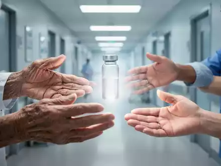 Hände von Patienten, die nach einem verschwommenen, leuchtenden Medikament greifen, im Hintergrund ein Krankenhausflur. - Foto: über boerse-global.de