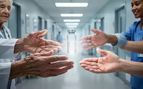 Hände von Patienten, die nach einem verschwommenen, leuchtenden Medikament greifen, im Hintergrund ein Krankenhausflur. - Foto: über boerse-global.de