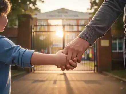 Eine Kinderhand hält eine Elternhand, beide greifen nach einem hell beleuchteten Schultor in der Ferne. - Foto: über boerse-global.de